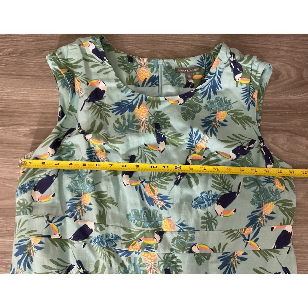 Jessica London 18W Linen Blend Dress Turquoise Floral Bird Print Lined - Picture 6 of 13